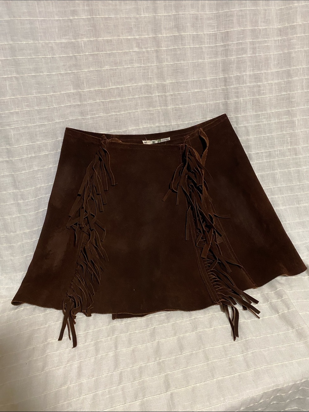Fringed Suede A-Line Mini Skirt - Brown
